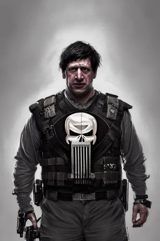 Image similar to Boris Johnson as Punisher, bulletproof vest, realistic portrait, symmetrical, highly detailed, digital painting, artstation, concept art, smooth, sharp focus, illustration, cinematic lighting, art by artgerm and greg rutkowski and alphonse mucha