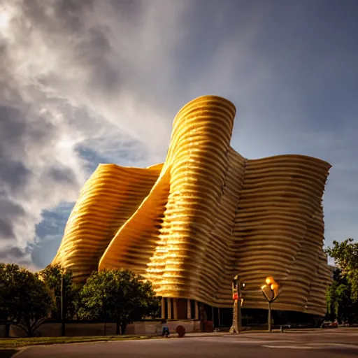 Image similar to a towering impressive building made of bread, cheese, and lunchmeat, dramatic lighting, bokeh, designed by frank gehry