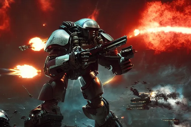 Image similar to VFX movie of a futuristic inhuman alien spacemarines in future spaceship, firing gun at space pirates detailed creature skin neon lighting combat by Michael Bay