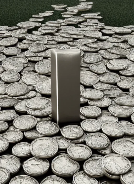 Image similar to highly detailed realistic architecture 3 d render of a futurisctic stele made from stacks of coins standing in a city park, archdaily, made in unreal engine 4 octane render