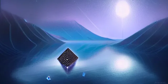 Image similar to abstract hexagonal cubes all interconnected to each other in a block chain, atmospheric lighting, intricate, volumetric lighting, beautiful, sharp focus, ultra detailed, in the art style of bowater charlie, brom gerald, lake baikal in the background, astrophotography