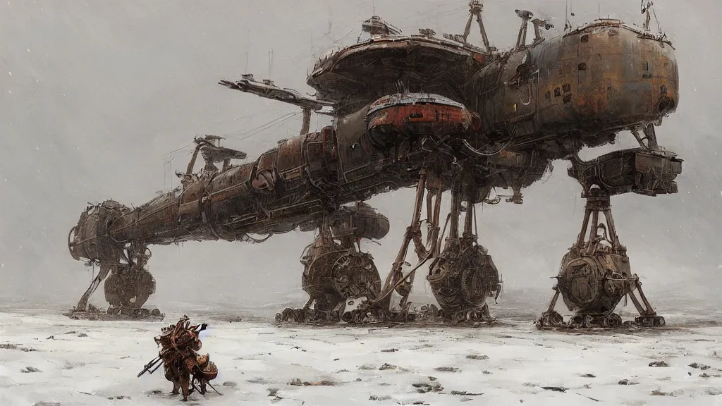 Image similar to 1920's broken down bipedal mech in the snowy tundra, oil drill in the distance, steampunk airship above, painted by Jakub Rozalski