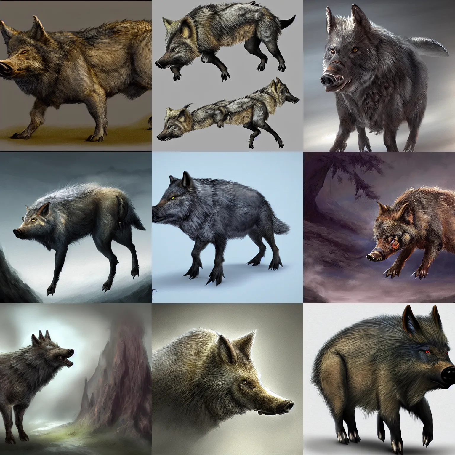 Prompt: Boar wolf hybrid, fantasy creature concept art, matte painting