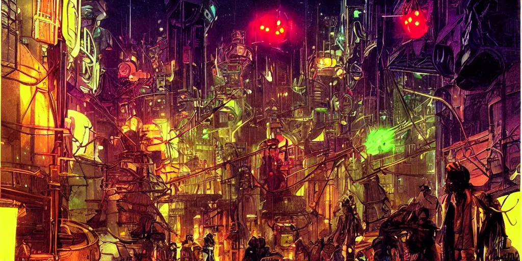 Image similar to futuristic steampunk alley , dark tall people, night, colored neons, mist, video screens, street lights, cinematic, star wars, illustration by moebius and Bill Sienkiewicz