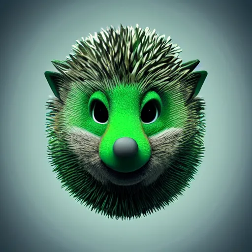 Prompt: behance hd, 3 d head of green hedgehog, cgsociety, symmetrical logo, the