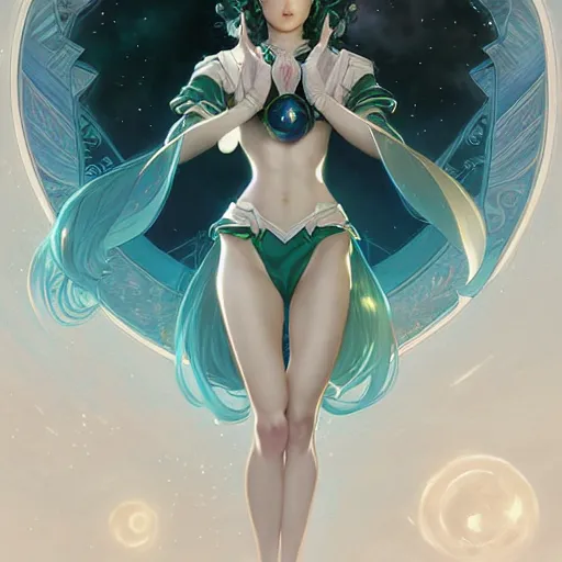 Image similar to Sailor Neptune, fantasy, intricate, elegant, highly detailed, digital painting, artstation, concept art, matte, sharp focus, illustration, art by Artgerm and Greg Rutkowski and Alphonse Mucha