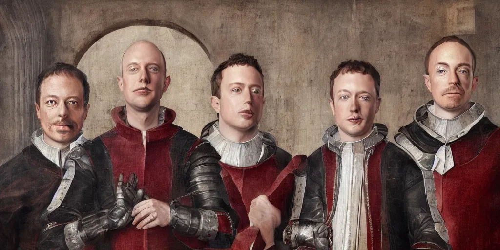 Image similar to 1 6 th century portrait of elon musk, mark zuckerberg and jeff bezos standing side - by - side as members of the spanish inquisition, artstation