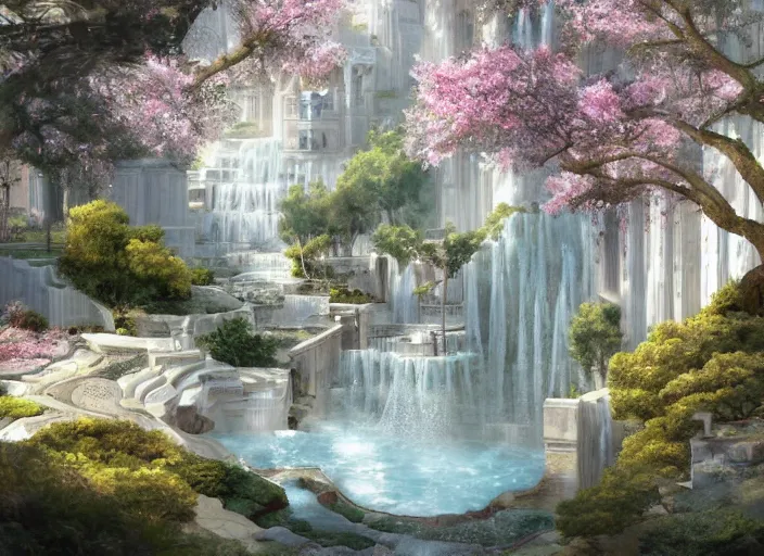 Prompt: A wide open courtyard in a beautiful elven city made of ivory, anime, Singaporean lush sakura trees, fountain, at Pamukkale, thermal waters flowing down white and gold travertine terraces, intricate, elegant, luxurious, digital painting, concept art, smooth, sharp focus, from Star Trek 2021, illustration, by WLOP and Ruan Jia and Mandy Jurgens and William-Adolphe Bouguereau, Artgerm