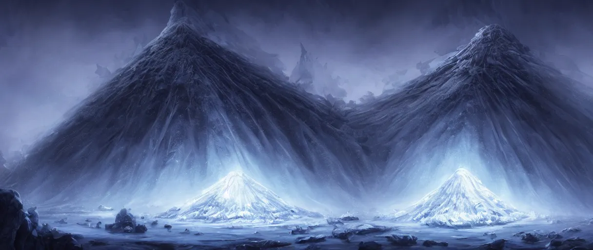 Image similar to digital painting of a frozen ice covered volcano, style of dark souls III, concept art, high angle, high detail, cold lighting, dark, vivid, beautiful, trending on artstation, by Jordan grimmer, no focus, huge scene, terrain visible