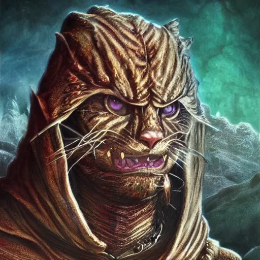 Prompt: photorealistic khajit from skyrim in the style of michael whelan and gustave dore. hyperdetailed photorealism, 1 0 8 megapixels, fully clothed, lunar themed attire, amazing depth, glowing rich colors, powerful imagery, psychedelic overtones, 3 d finalrender, 3 d shading, cinematic lighting, face portrait, artstation concept art
