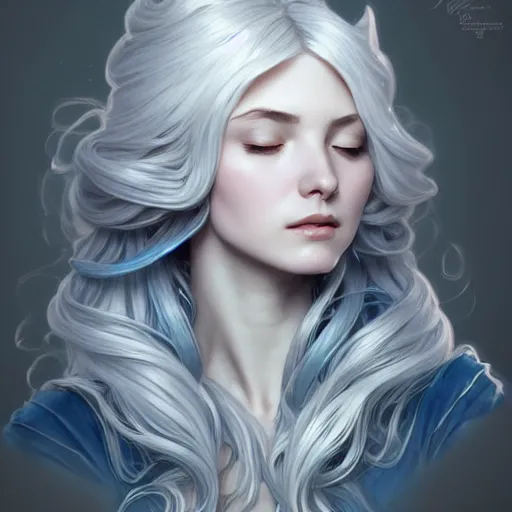 Image similar to aristocrat, white grey blue color palette, eyes closed, female, d & d, fantasy, intricate, elegant, highly detailed, long silver hair, digital painting, artstation, octane render, concept art, matte, sharp focus, illustration, hearthstone, art by artgerm, alphonse mucha johannes voss