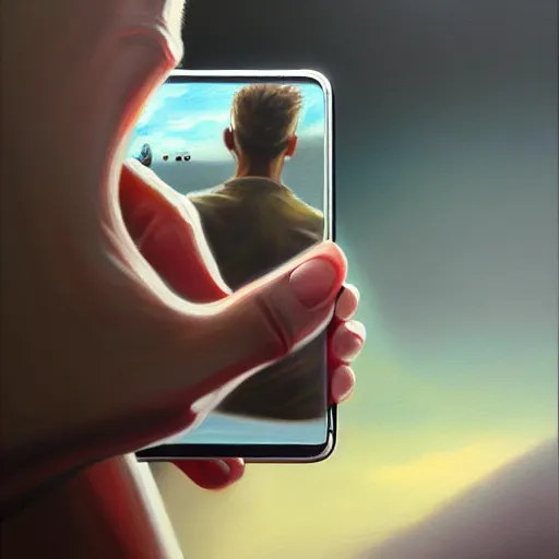 Prompt: flawless photorealistic detailed painting of humans and mobile phones by concept art, masterpiece, humor, critical, 8 k hd resolution