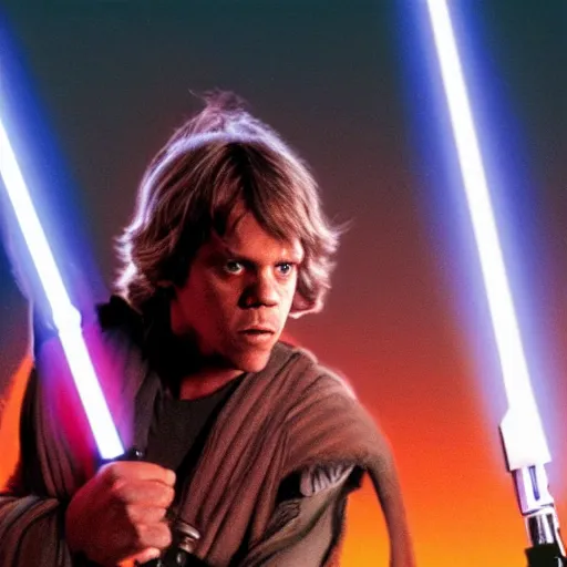 Image similar to Luke skywalker carrying a gremlin on his shoulders, from star wars movie, cinematic lighting, backlight
