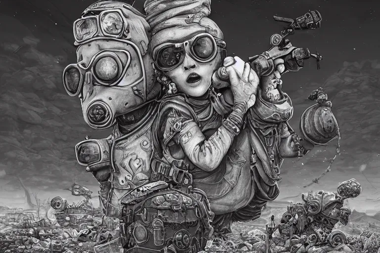 Image similar to a highly detailed forgotten garden gnome wearing goggles and head scarf surviving in a vast barren desert, hopeless wasteland background with a relentless raging sun overhead, post - apocalyptic road warrior vibe, dynamic pose, an ultrafine detailed painting by joe fenton, trending on deviantart, pop surrealism, whimsical, lowbrow, perfect symmetrical face, sharp focus, octane, masterpiece