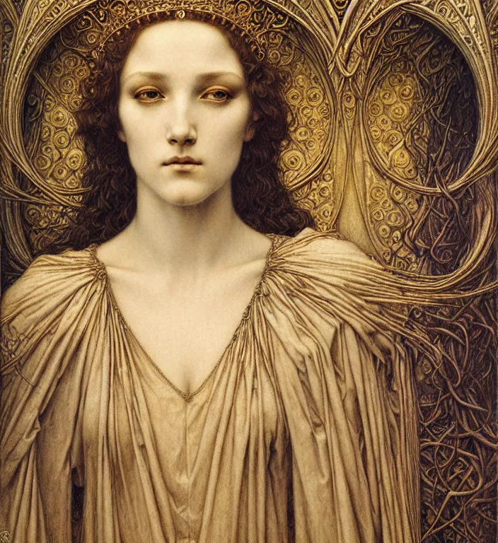 Image similar to detailed realistic beautiful young medieval queen face portrait by jean delville, gustave dore and marco mazzoni, art nouveau, symbolist, visionary, gothic, pre - raphaelite. horizontal symmetry