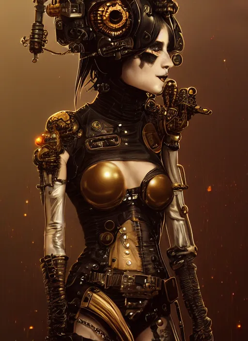 Image similar to soft lustrous ivory ebony biotech raver gutter punk gothic steampunk cyborg, golden ratio, details, scifi, fantasy, cyberpunk, intricate, decadent, highly detailed, digital painting, octane render, artstation, concept art, smooth, sharp focus, illustration, art by artgerm, loish, wlop