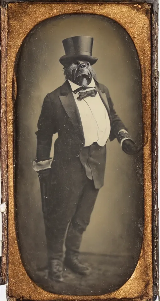 Image similar to a vintage tintype portrait of a dignified bigfoot wearing a top hat and carrying a cane