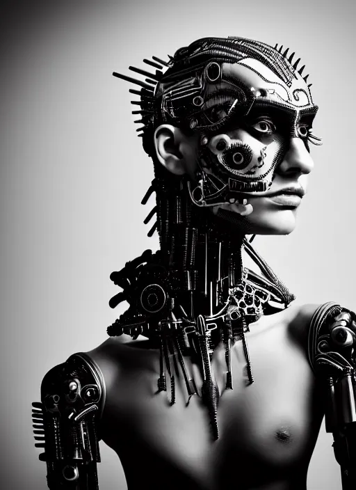 Image similar to a stunning young woman - crow mixed cyborg profile face, face is made intricate tribal bio - mechanical, editorial photography, bw, shot on 7 0 mm, depth of field, f / 2. 8, high contrast, 1 6 k, volumetric lighting, shiny, insanely detailed and intricate, hypermaximalist, elegant, ornate, hyper realistic, super detailed