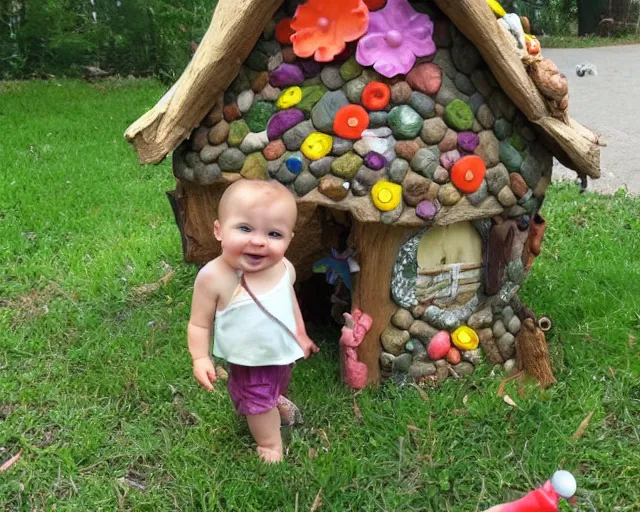 Prompt: giant baby ransacks a fairy house