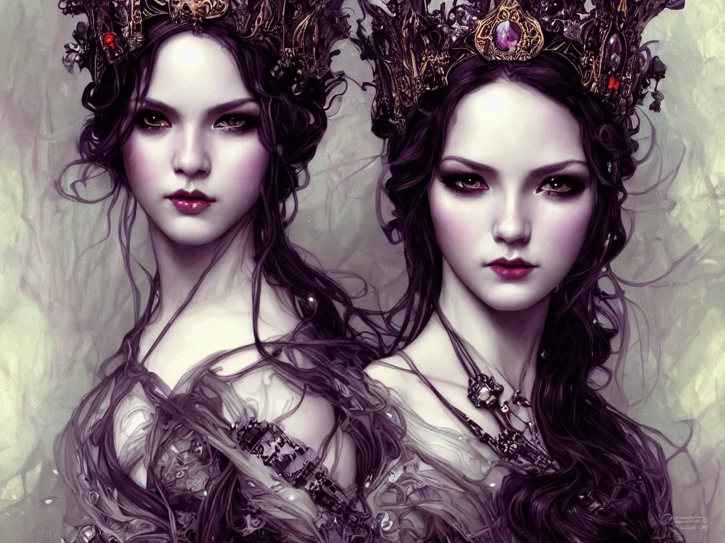 Image similar to beautiful and luxury and victorian and gothic and dieselpunk young medieval dark crown princess portrait like blackpink lisa + smoky eyes + front face with light flowing hair, ultradetail face, art and illustration by tian zi and craig mullins and wlop and alphonse mucha, fantasy, intricate complexity, human structure, human anatomy, fantasy character concept, watermark, blurry, hyperrealism 8 k