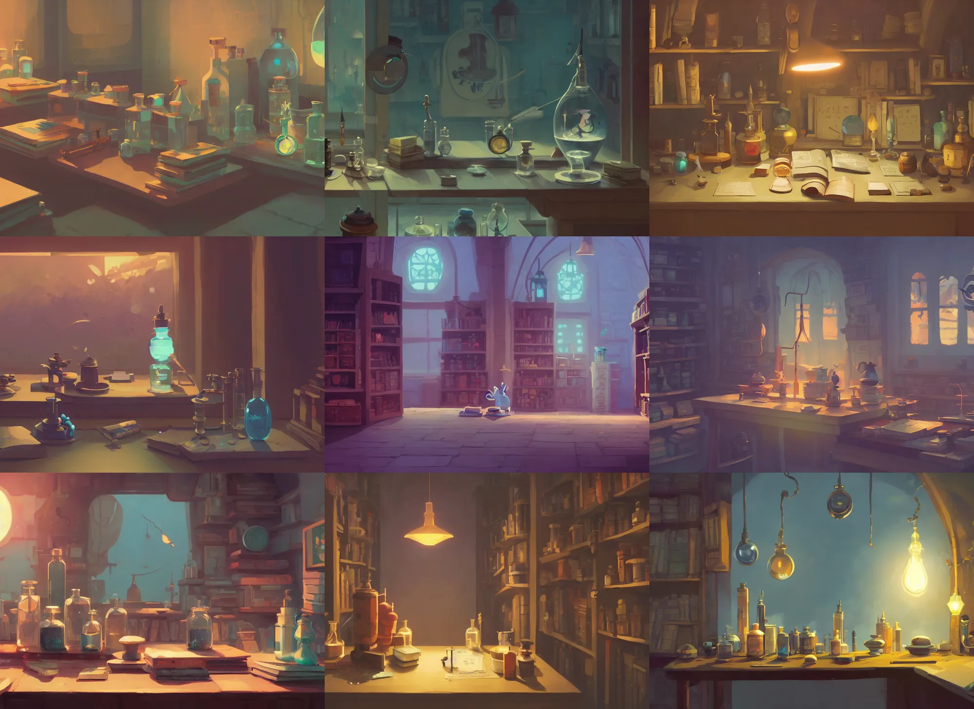 Prompt: alchemist workshop, detailed, potions, vials, scrolls, arcane books, cory loftis, james gilleard, atey ghailan, makoto shinkai, goro fujita, studio ghibli, rim light, exquisite lighting, clear focus, very coherent, plain background, soft painting