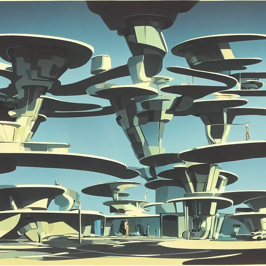 Image similar to concept art of jetsons cartoon scenario of a futuristic house, painted by syd mead