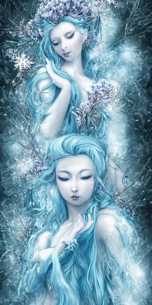 Prompt: goddess of winter in a zen garden, by Peter Kemp, ice blue eyes and light blue anime hair, glamorous hairstyle, frost clings to her skin, wearing translucent white and ice blue Enjolras fashion, lost in the moment, winter, art nouveau, ice clings to the rock garden by Brian Froud, frozen tear, berries, a heron, evergreen branches, white, ice blue, frost on the canvas, baroque border illumination by Alphonse Mucha