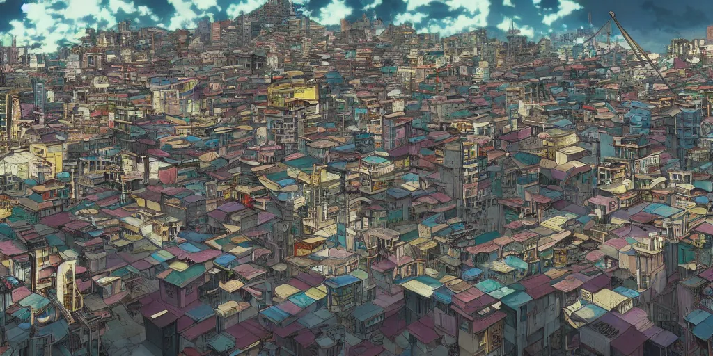 Prompt: Anime vajrayana Tibetan cityscape, Ghost in the Shell, Tekkonkinkreet, favelas, temples, cinematic matte painting concept art