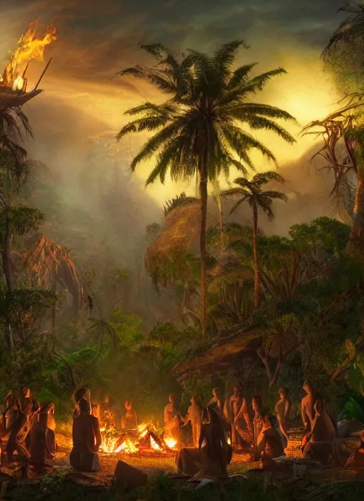 Prompt: a beautiful matte painting of an indigenous tribe around a bonfire in the jungle, fantasy art, epic lighting, beautiful composition, matte painting, highly detailed