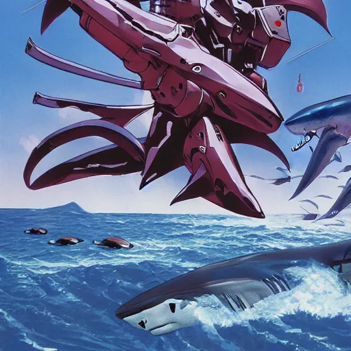 Prompt: shark gundam, amphibious combat mecha stepping onto a beach holding a scifi weapon by wayne barlowe, pascal blanche, gundam box art