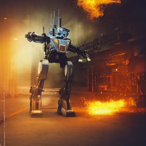 Image similar to toaster mecha head, dark messy smoke - filled cluttered workshop, dark, dramatic lighting, orange tint, sparks, cinematic, highly detailed, sci - fi, futuristic, movie still