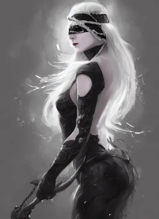 Image similar to a highly detailed illustration of white haired pale lady wearing black blindfold, dramatic standing pose, intricate, elegant, highly detailed, centered, digital painting, artstation, concept art, smooth, sharp focus, league of legends concept art, wlop