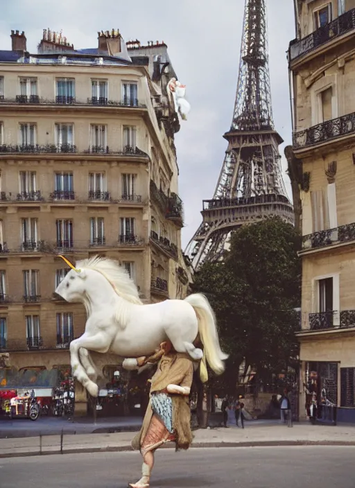 Prompt: a unicorn in paris with a cabbage and a cat out flying out of its horn, canon 5 d 5 0 mm lens kodachrome