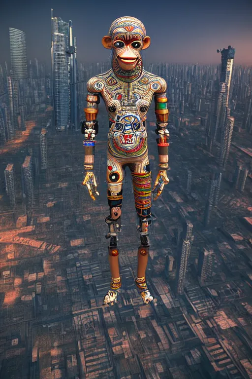 Image similar to high quality 3 d render happy cyborg! man monkey hybrid madhubani, highly detailed, cyberpunk!! mumbai in the background, unreal engine cinematic smooth, szukalski ravi varma, moody light, low angle, uhd 8 k, sharp focus