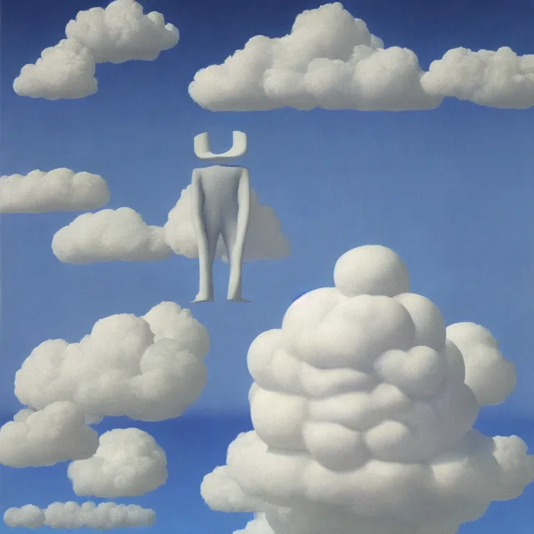 Image similar to cloud - man, by rene magritte, centered, detailed painting, hd, hq, high resolution, high detail, 4 k, 8 k