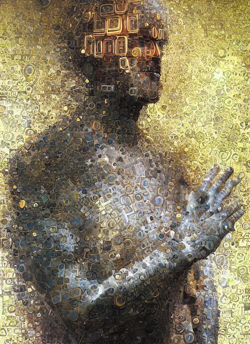 Prompt: deus ex machina ( god from the machine ), aristocratic pose, hyper realistic painting, digital art, glitch art