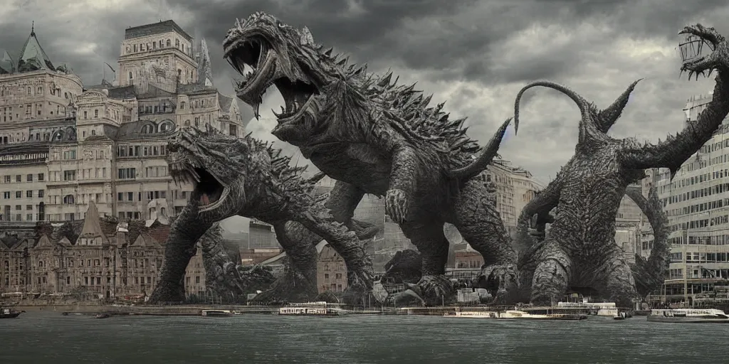 Image similar to kaiju attack in budapest photography realistic, detailed, cinematic