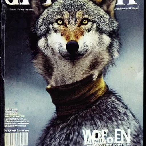 Prompt: handsome male anthropomorphic wolf, wearing a turtleneck, realistic advertising magazine photo