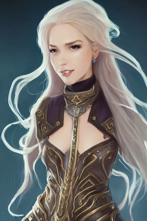 Image similar to a full body portrait of a gorgeous female paladin, D&D, choker on neck, stylish dress, very long flowing hair, intricate, elegant, stylish, cute slightly nerdy smile, mouth slightly open, fantasy, highly detailed, digital painting, artstation, concept art, smooth, sharp focus, illustration, art by artgerm and greg rutkowski and alphonse mucha