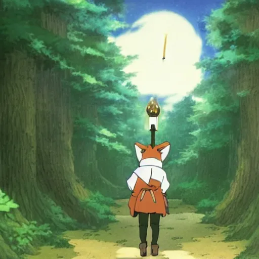 Prompt: a fox humanoid anime character carrying a candle in his hands, the forest, by studio ghibli