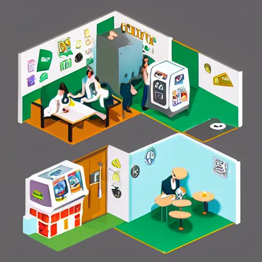 Prompt: isometric cartoon of funky recreational cannabis cafe area, baristas coffee machine, aluminum sheen, people drinking coffee and smoke cannabis cigarettes, weed vending machines, only 3 tables beanbags, 4 cannabis pots, by benoit mandelbrot, low poly cute minimal interior design concept art illustrated by anni albers, 2 d game art