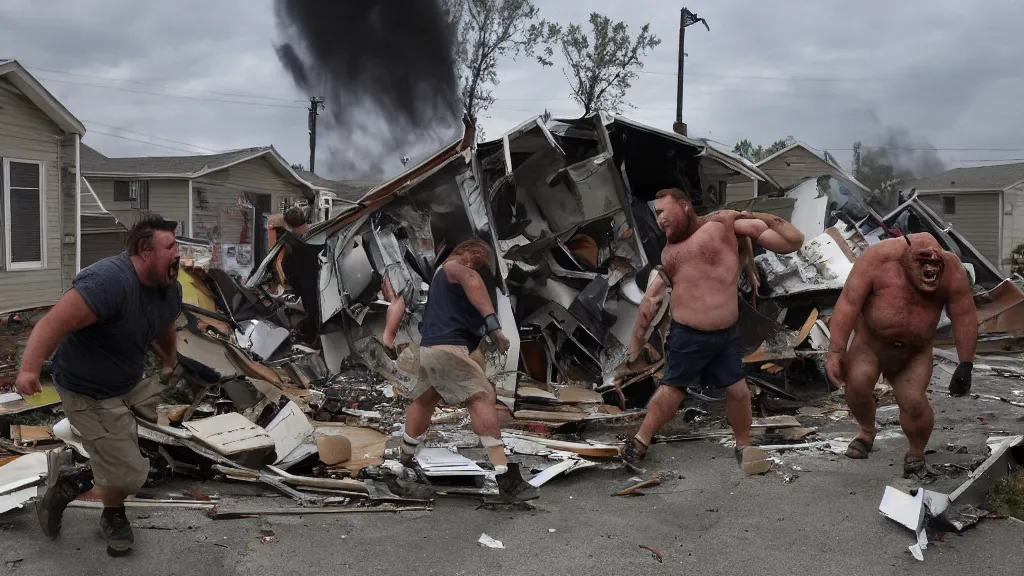 Prompt: a ( ( huge violent angry ogre ) ) stomps through a trailer park, background trailer homes and smashed trailer homes, people looking on in astonishment