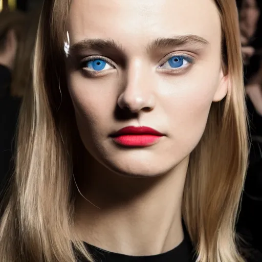 Image similar to A beautiful portrait of Daria Strokous as a model at Maybelline fashion show as a model Spring/Summer 2018, highly detailed, in the style of cinematic, Milan fashion week backstage, Extreme close up, Makeup by Pat McGrath, Hair by Guido Palau, Greg rutkowski