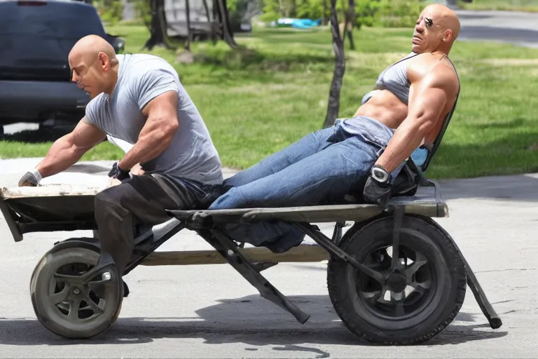 Image similar to Vin Diesel driving a wheelbarrow