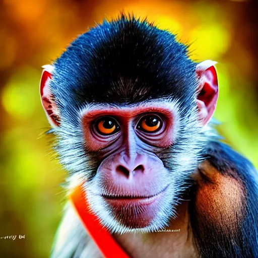 Image similar to very cute ninja monkey, portrait, pixar style, forest background, cinematic lighting, award winning creature portrait photography