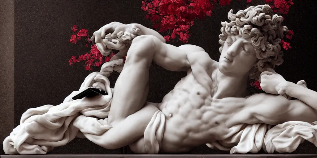 Image similar to baroque delicate full-body marble sculpture of handsome teenage demon boy laying back with arm behind his head while checking his notifications on his phone, red silk flowing fabric, marble white columns, black plastic, black tar particles, iridescent accents, sakura color scheme, intricate artwork by caravaggio, Trending on artstation, octane render, cinematic, hyper realism, octane render, 8k, depth of field, bokeh