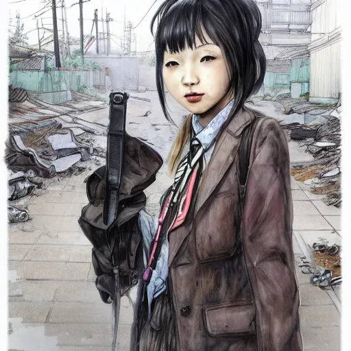 Image similar to a perfect, realistic professional digital sketch of a Japanese schoolgirl posing in a postapocalyptic alleyway, style of Marvel, full length, by pen and watercolor, by a professional American senior artist on ArtStation, a high-quality hollywood-style sketch, on high-quality paper