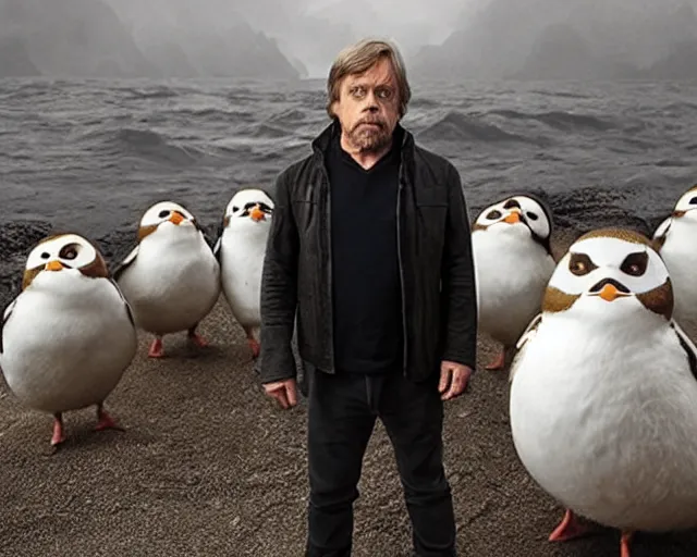 Image similar to Mark Hamill as Luke Skywalker standing with a flock of 10,100 Porgs.