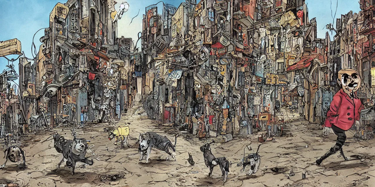 Prompt: a dog walking a robot on a inner city urban street set in the late 2 1 2 2 one hundred years of agi, caricature styling by jack davis