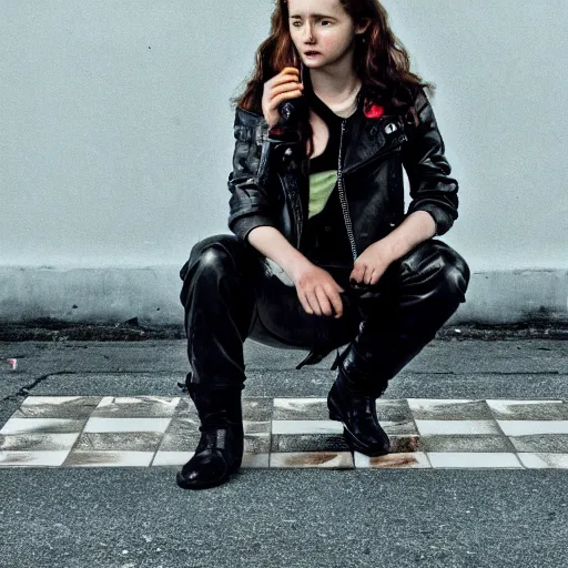 Prompt: thomasin mckenzie as biker girl playing chess natural light